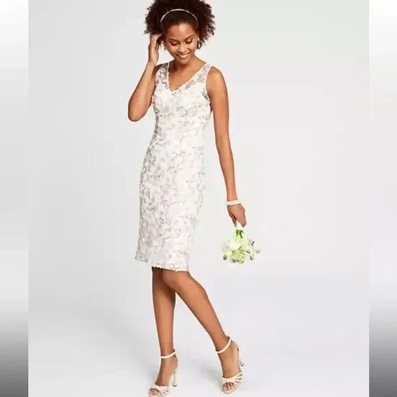 ADRIANNA PAPELL Ivory Floral Embroidered Sheath Dress Women 12 Overlay Cocktail - Picture 1 of 14